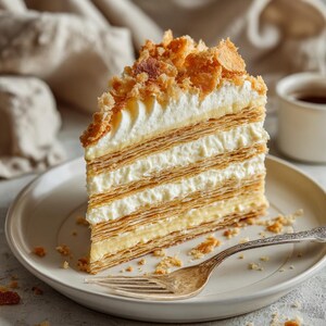 Puede incluir: Una porci&oacute;n de pastel en capas con relleno de crema y una cobertura de migas en un plato blanco con un tenedor vintage. El pastel tiene m&uacute;ltiples capas de hojaldre y crema, con un color marr&oacute;n claro.
