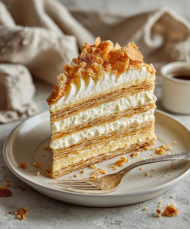 Puede incluir: Una porci&oacute;n de pastel en capas con relleno de crema y una cobertura de migas en un plato blanco con un tenedor vintage. El pastel tiene m&uacute;ltiples capas de hojaldre y crema, con un color marr&oacute;n claro.