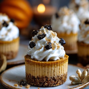 Peut inclure: Petits cheesecakes à la citrouille garnis de crème fouettée et de baies foncées. Les cheesecakes sont sur de petites assiettes, avec d'autres en arrière-plan. La base est une croûte de miettes. Ambiance chaleureuse.