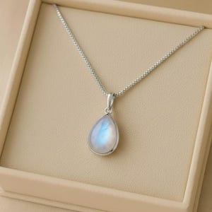 Teardrop Rainbow Moonstone Pendant Necklace - Sterling Silver Plated