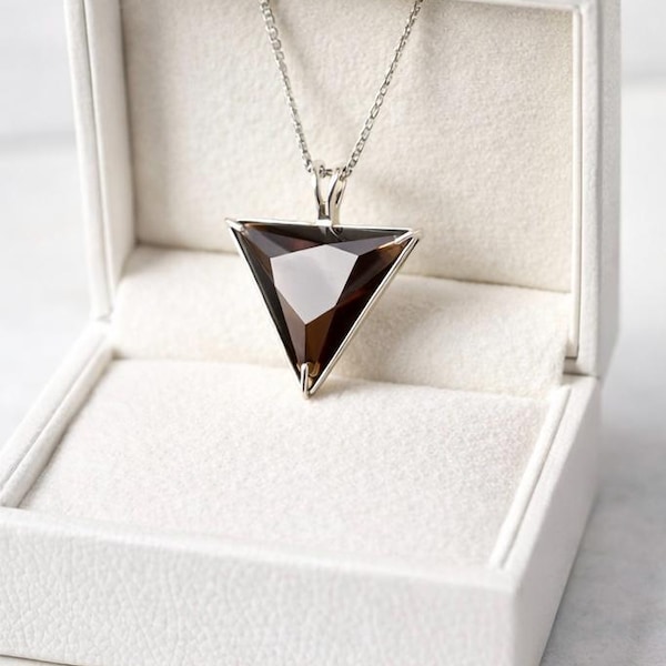 Smoky Quartz Triangle Pendant Necklace, Geometric Silver Crystal Jewelry