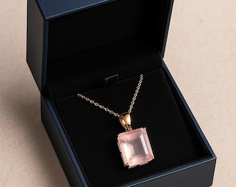 Rose Quartz Pendant Necklace: Square Cut Gemstone, Gold-Plated