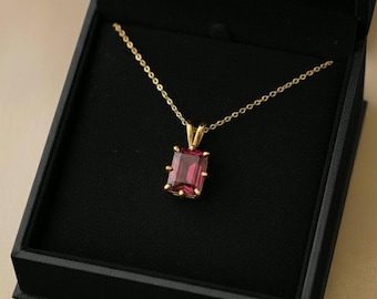 Lab Grown Ruby Pendant Necklace: Gold Plated Emerald Cut Stone