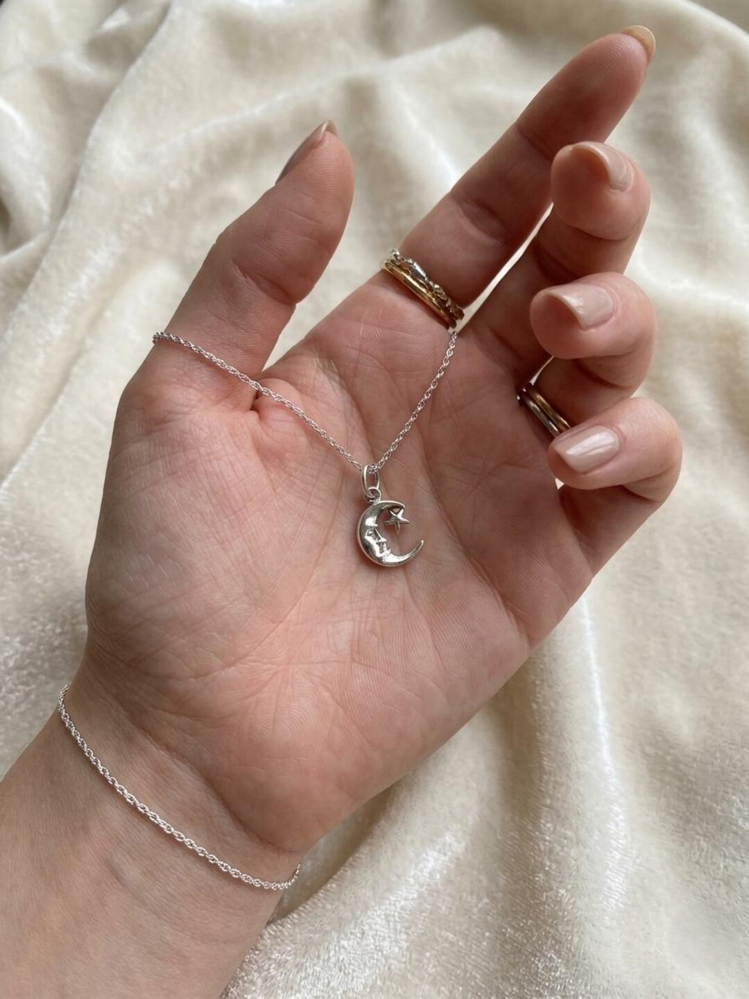 Sterling Silver Moon Star Necklace, Minimalist Celestial Pendant ...