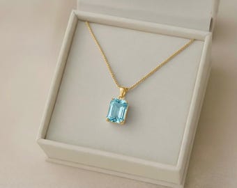 Emerald-Cut Lab Aquamarine Necklace • Dainty Gold Pendant • March Birthstone Jewelry