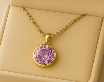 Elegant Pink Crystal Pendant Necklace: Gold-Plated Solitaire Jewelry