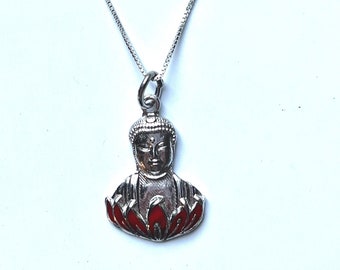 Sterling silver Buddha charm necklace with red enamel, vintage NOS jewelry