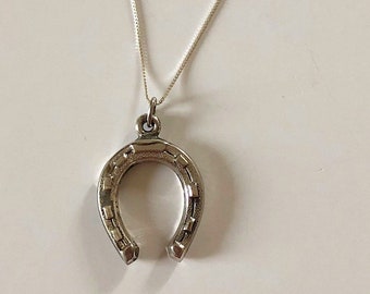 sterling silver horseshoe charm necklace, vintage pendant, decorative
