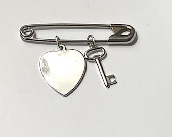 sterling silver heart and key charms Pin/ brooch, vintage charms