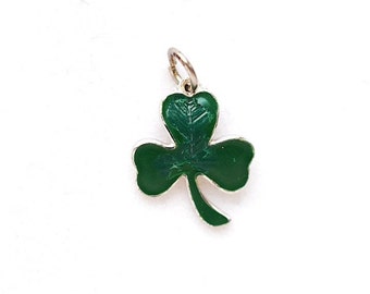 Dije de trébol de plata esterlina vintage con esmalte verde, pequeño, para bolso, collar, Día de San Patricio