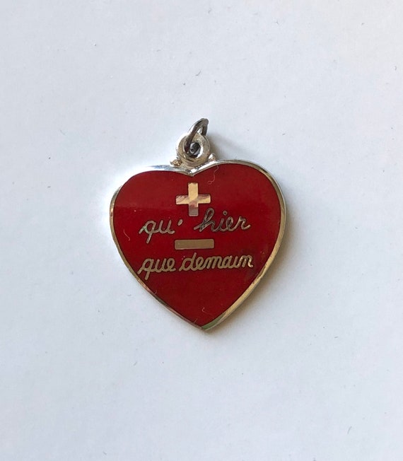 sterling silver red enamel big heart pendant, french saying "more then yesterday, less then tomorrow" Qu' hier que Demain, vintage charm