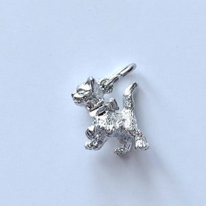 May include: A silver charm in the shape of a small dog with a collar. The charm is designed to be attached to a bracelet or necklace.