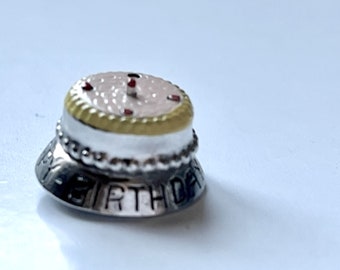 Sterling silver birthday cake enamel movable charm, red candles pop up and down, Says Happy Birthday, pink and yellow, vintage unique charm