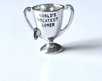 Sterling silver trophy charm, Says World's Greatest Lover, vintage charm, unique, NOS jewelry