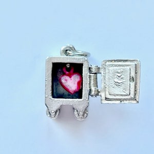 Sterling silver movable charm, Safe with enamel red heart inside, antique vintage charm, NOS jewelry