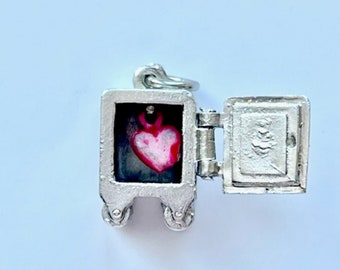 Sterling silver movable charm, Safe with enamel red heart inside, antique vintage charm, NOS jewelry