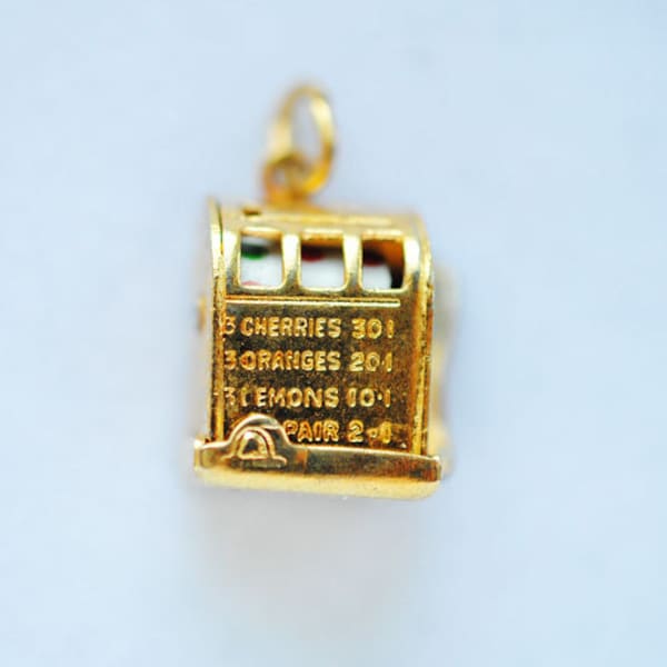 vintage sterling silver gold vermeil slot machine, movable charm, lever acts like real slot machine! NOS jewelry, 60's