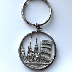 sterling silver New York City skyline bag charm, vintage NYC, Empire State Building, big pendant, keychain, unique jewelry