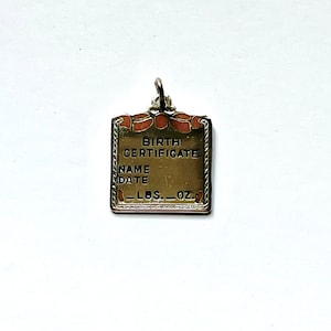 sterlingzilveren bedel geboorteakte babymeisje met roze email, met de tekst 'naam/datum/pond, oz', NOS vintage sieraden