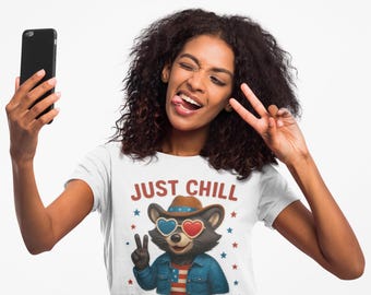 Just Chill the Fourth Out Raccoon Shirt – 4th of July Graphic Tee, Funny Patriotic Shirt, Independence Day USA Flag Shirt, Summer Gift