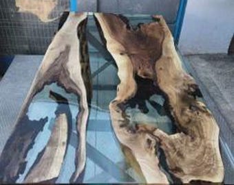 Piano del tavolo da pranzo rettangolare in legno di acacia con rivestimento in resina epossidica trasparente / Tavolo da caffè con bordo vivo / (personalizzabile)