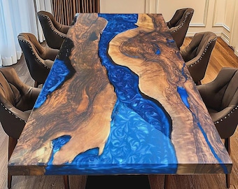 Piano del tavolo da pranzo rettangolare in legno di acacia con rivestimento epossidico blu zaffiro / Opulento bordo vivo / (personalizzabile)