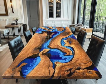 Piano del tavolo rettangolare in legno di acacia con resina epossidica blu / Piano del tavolo da pranzo con bordo vivo / (personalizzabile)
