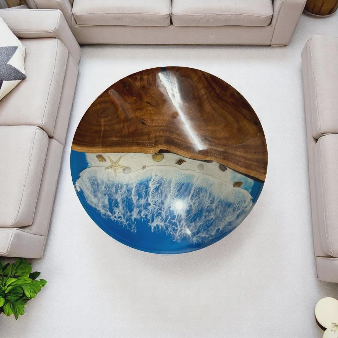Round Beach Ocean Epoxy Acacia Wood Table Top | Coastal Coffee Table ...