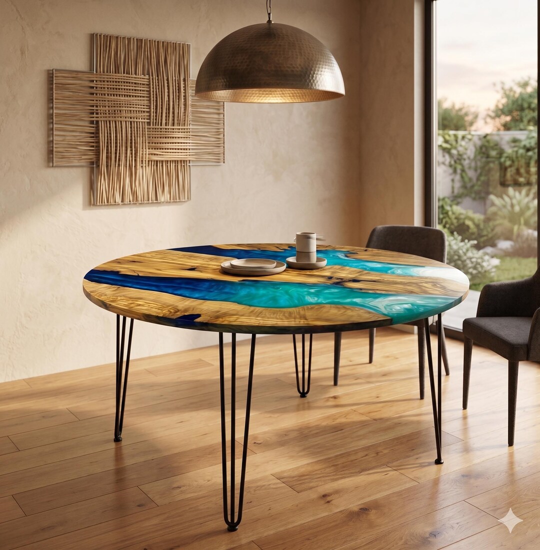 Round Acacia Wood Ocean Wave Epoxy Table Top | Handmade Blue Resin ...
