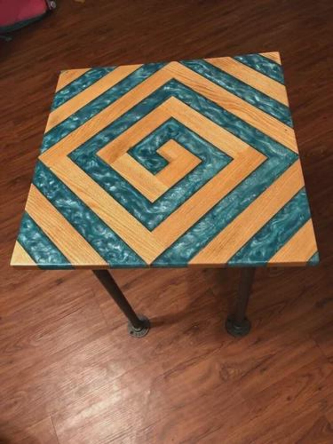 Square Acacia Wood Teal Epoxy Spiral Labyrinth Table Top | Geometric ...
