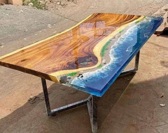 Piano del tavolo da spiaggia rettangolare in legno di acacia con rivestimento in resina epossidica Ocean / Lastra da pranzo in stile costiero con bordo vivo / (personalizzabile)