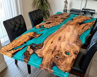 Handmade Rectangular Acacia Wood Blue Epoxy Table Top | Live Edge | Ocean | Dining Coffee Table | (Customisable)