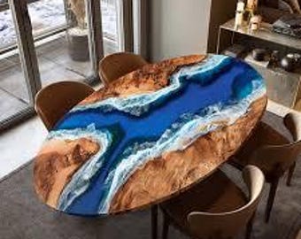 Piano del tavolo ovale in legno di acacia epossidico blu oceano / Tavolo da pranzo di lusso River / (personalizzabile)