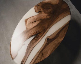 Oval White Epoxy Acacia Wood Table Top | Minimal Modern Dining & Coffee Table | (Customisable)