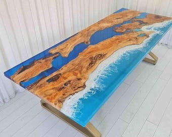 Piano del tavolo in legno di acacia con resina epossidica Ocean Beach River / Piano del tavolo da pranzo con bordo vivo / (personalizzabile)