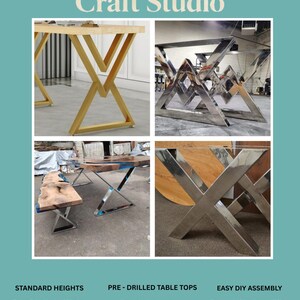 May include: Jimmy's Craft Studio metal table legs in gold and polished chrome finishes. The set features geometric V-shaped and X-shaped designs for tables. Includes text: Standard Heights, Coffee Table Height 18 inches, Dining Table Height 28 inches.