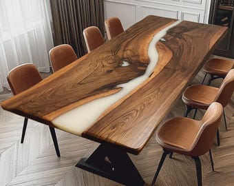 Piano del tavolo da pranzo rettangolare in legno di acacia con rivestimento epossidico bianco / Elegante bordo vivo (personalizzabile)