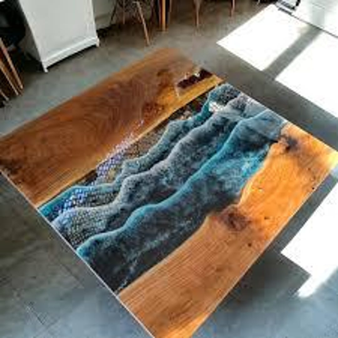 Square Acacia Wood Epoxy River Table Top | Ocean Waves Coffee Dining ...