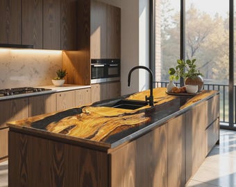 Piano di lavoro per cucina in legno di acacia fatto a mano con resina epossidica River / Lastra in resina con bordo vivo / (personalizzabile)