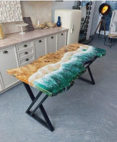 Rectangular Acacia Wood Green Wave Epoxy Table Top | Ocean Beach