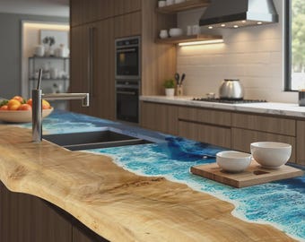 Piano di lavoro in resina epossidica Ocean Wave in legno di acacia / Lastra da cucina in resina con bordo vivo (personalizzabile)