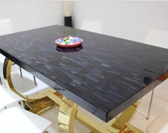 Piano rettangolare per tavolo da pranzo con gemma occhio di tigre blu / Intarsio di lusso realizzato a mano / (personalizzabile)