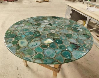 Round Green Agate Table Top | Coffee Dining Top | Natural Emerald Stone | (Customisable)