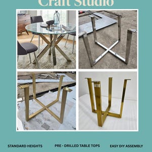 May include: Jimmy's Craft Studio metal table legs in silver and gold finishes. The set includes X-shaped bases for coffee tables at 18 inches and dining tables at 28 inches. Features pre-drilled mounting plates for assembly with included hardware.