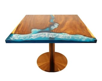 Tavolo quadrato in legno di acacia con piano in resina epossidica e piano in resina da spiaggia per sala da pranzo e caffè / (personalizzabile)