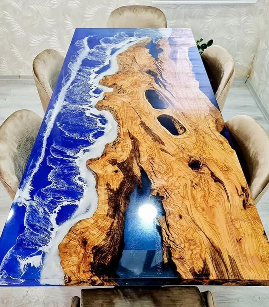 Rectangular Acacia Wood Blue Epoxy Ocean Wave Table Top | Live Edge ...