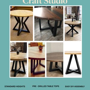 May include: A collage of round wooden tables with black metal X-shaped bases. Text includes Jimmy's Craft Studio, Standard Heights: Coffee Table Height 18 inches, Dining Table Height 28 inches, Pre-Drilled Table Tops, and Easy DIY Assembly.