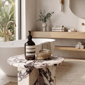 Round Calacatta Table with X-Shape Leg | Marble Bathroom Side Table | (Customisable)