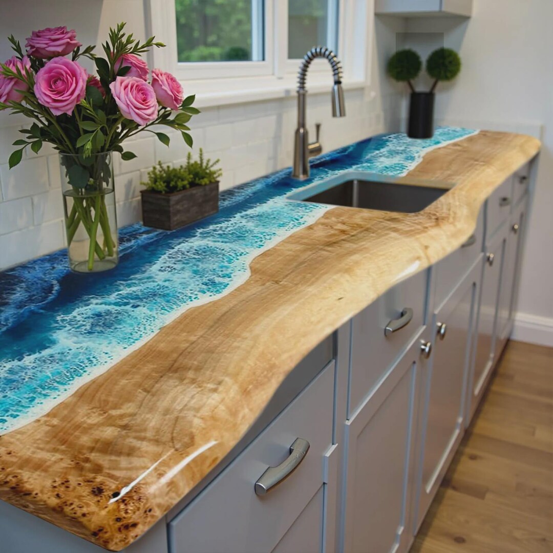Rectangular Acacia Wood Epoxy Ocean Wave Kitchen Counter Top | Live ...