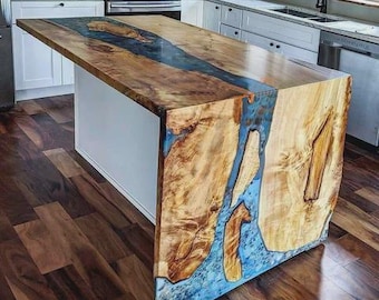 Piano bar in legno di acacia epossidico turchese / Isola cucina con bordo vivo / (personalizzabile)